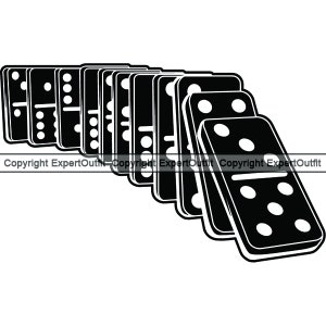 May include: Black and white dominoes falling in a line, with the last domino in the line facing the viewer. The dominoes are all in a row, with the last domino falling over the others.