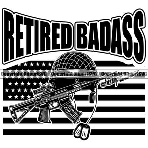 Retirado Badass Soldado Caído Veterinario Veterano Arma Casco Etiqueta de Perro Bandera de EE.UU. Signo de Guerra Héroe de Guerra U.S. P.O.W M.I.A Diseño de Arte Logotipo SVG Vector Clipart