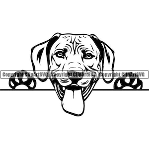 Könnte beinhalten: Schwarzweiß-Illustration eines Hundes, der mit herausgestreckter Zunge über eine Oberfläche schaut. Der Hund hat einen fröhlichen Ausdruck und seine Pfoten sind auf beiden Seiten der Oberfläche sichtbar.