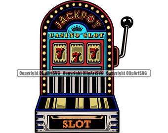 May include: A red, blue, and yellow casino slot machine with a lever on the side. The machine has three windows with the number 7 in each window. The machine has the words "JACKPOT" and "CASINO SLOT" on it. The machine also has the word "SLOT" on the bottom.