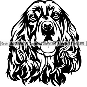 Könnte beinhalten: Schwarz-weiße Silhouette eines Cocker Spaniel Hundes mit langem, fließendem Fell. Der Hund schaut geradeaus mit herausgestreckter Zunge.