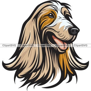 Sabueso afgano sonriente perro cabeza cachorro cara canina raza animal mascota retrato pata impresión dibujos animados dibujo arte logotipo tatuaje color diseño SVG PNG corte