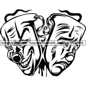 Máscaras tristes felizes # 8 Rir agora chorar mais tarde Cara de palhaço Gangster Biker Bandido Tatuagem Ilustração Theatre.SVG .PNG Clipart Vetor Cricut Corte Corte