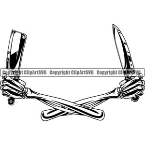 May include: Black and white illustration of two skeletal arms holding a butcher knife and a kitchen knife, crossed in an X shape.