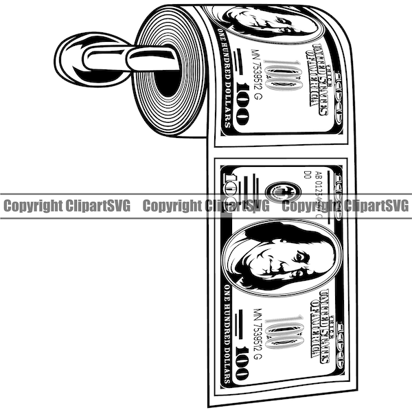 Money Toilet Paper Roll 100 Hundred Dollar Bills Knot Cash Pile Rich Gangster Hustle Hustler Art Design Logo SVG PNG Clipart Vector Cut File