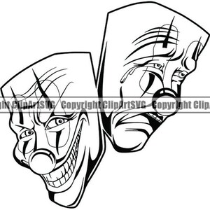 Happy Sad Masks #17 Laugh Now Cry Later Clown Face Gangster Biker Thug Tattoo Illustration Theater.SVG.PNG Clipart Vector Cricut Cut Cutting