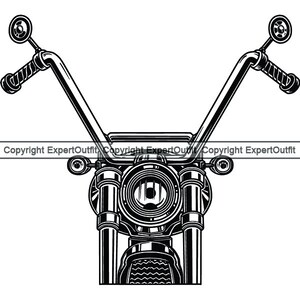 May include: Black and white illustration of a motorcycle handlebar and headlight. The handlebars are curved and have a classic design. The headlight is round and has a chrome finish.