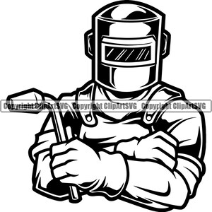 May include: Black and white illustration of a welder wearing a welding mask and holding a welding torch. The welder is standing with their arms crossed.