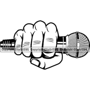 Hand hält Mikrofon Audio Sound Stimme Mic Musik Studio Radio Hip Hop Rap Rapper Singen Sänger Design Logo SVG PNG Clipart Vektor geschnitten Datei
