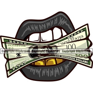 Lèvres or dents morsure argent goutte à goutte argent 100 Dollar Bill bouche voyou masque Grill Art Sexy Design élément Logo SVG PNG Clipart Cricut vecteur coupe
