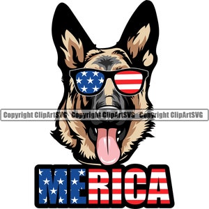 May include: A German Shepherd dog wearing sunglasses with an American flag design. The dog is looking at the camera with its tongue sticking out. The text "MERICA" is below the dog, also with an American flag design.