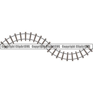 May include: A black and gray illustration of a curved set of railroad tracks.