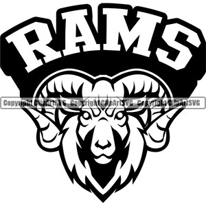 May include: Black and white silhouette of a ram's head with the word "RAMS" in a bold, white font above it.