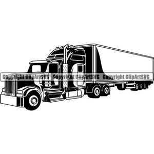 May include: Black and white silhouette of a semi-truck with a trailer. The truck has a large cab and a long trailer.