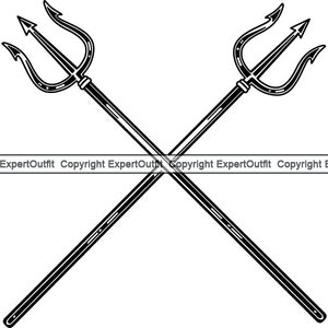 Puede incluir: Dos tridentes negros cruzados uno sobre el otro. Los tridentes tienen tres puntas cada uno.