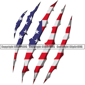 May include: Three claw marks in the shape of a ripped American flag. The claw marks are red, white, and blue.