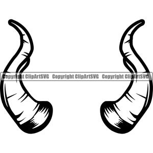 May include: A pair of black, stylised horns with a curved shape. The horns are outlined in black and have a textured pattern.