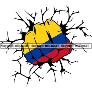 May include: A yellow, blue and red fist breaking through a cracked wall. The fist is painted with the colours of the Colombian flag.