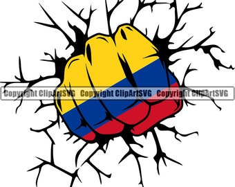 Colombia Colombian Fist Punch Break Wall Flag Country World Nation Map Sign Symbol Design Element Logo SVG PNG Clipart Vector Cut Cutting