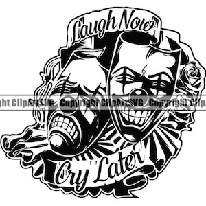 Máscaras tristes felices #10 Ríe ahora llora después Cara de payaso Gángster Motociclista Matón Tatuaje Ilustración Rosas .SVG .PNG Clipart Vector Cricut Corte Corte