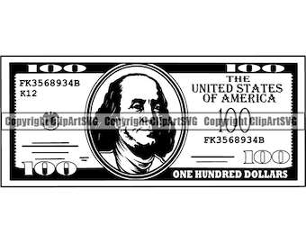 May include: Black and white illustration of a $100 bill featuring a portrait of Benjamin Franklin. The bill has the text "THE UNITED STATES OF AMERICA" and "ONE HUNDRED DOLLARS". The bill number is FK3568934B.