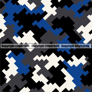 Blue Digital Camo Camouflage Seamless Pattern War Print Military Hunt Wrap Cover Graphic Design Decor Pixel Art SVG PNG Clipart Vector Cut