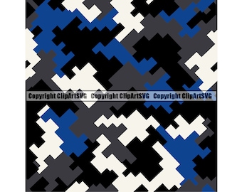 Blue Digital Camo Camouflage Seamless Pattern War Print Military Hunt Wrap Cover Graphic Design Decor Pixel Art SVG PNG Clipart Vector Cut
