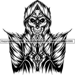 Sensenmann Totenkopf Skelett Grinsen grinsend Betende Hände Kreuz Tod Evil Killer Killer Geist Tattoo Hölle Art Logo SVG PNG Vektor Clipart Cut