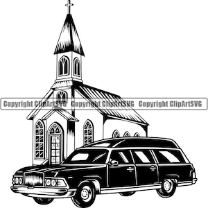 May include: Black and white illustration of a hearse parked in front of a church. The hearse is a vintage style car with a long roof and a large trunk. The church is a small, simple building with a steeple.