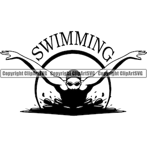 May include: Black and white silhouette of a swimmer doing the butterfly stroke with the word "SWIMMING" in a circle above them.