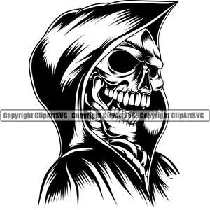 Sensenmann Schädel Skelett Grinsen grinsend Umhang Hals Tod Evil Kill Killer Gespenst Tattoo Hölle Art Logo SVG PNG Vektor Clipart Cut File