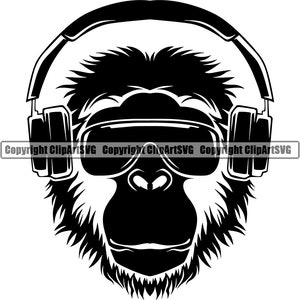 Aap met koptelefoon Zonnebril Muziek Geluidsgolf Draadloos Dj Stereo Studio Headset Gorilla Design Logo SVG PNG Vector Clipart Cut File