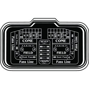 May include: A black and white illustration of a craps table layout. The table features betting areas for "Pass Line", "Don't Pass", "Come", "Don't Come", "Field", "Seven", and "Craps".