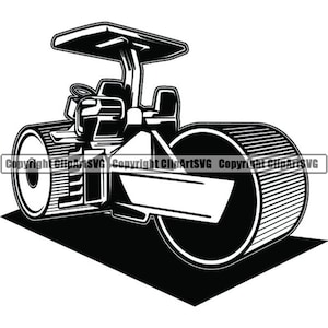 May include: Black and white illustration of a road roller, a heavy construction vehicle used to compact asphalt or gravel.