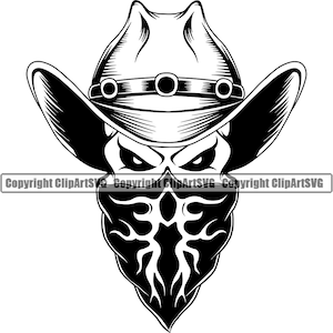 May include: Black and white illustration of a skull wearing a cowboy hat and a bandana. The skull has a menacing expression with a furrowed brow and narrowed eyes.