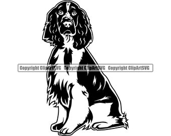 Pode incluir: Silhueta preta e branca de um cão Springer Spaniel sentado com a cabeça inclinada para o lado. O cão tem orelhas longas e caídas e uma cauda curta e encaracolada.