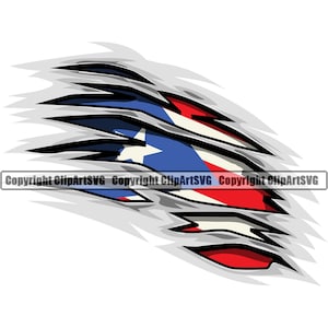 May include: A red, white, and blue Puerto Rican flag is shown with a ripped, torn, and shredded gray background. The flag is partially visible through the ripped background.