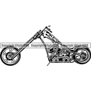 May include: Black and white silhouette of a custom motorcycle with a long front fork and a large engine. The motorcycle has a detailed design with a flame pattern on the gas tank.