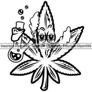 May include: Black and white illustration of a marijuana leaf with a face and a beaker. The leaf is holding the beaker in its hand and has a surprised expression on its face.