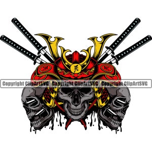 Samurai Skull Sword Japanese Hannya Mask Japan Warrior Battle Helmet Tattoo Fighter War Mascot Art Design Logo SVG PNG Vector Clipart Cut