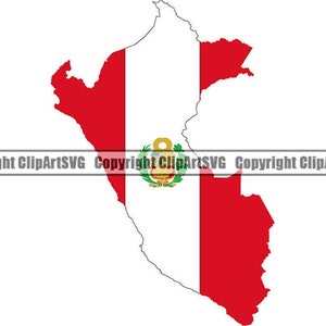 May include: A white outline of the country of Peru with the Peruvian flag colors red and white filling the outline. The national coat of arms is in the center of the flag.