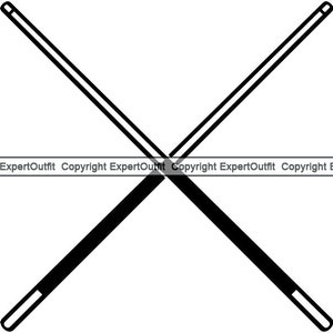 May include: Two black pool cues crossed over each other.