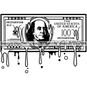 Puede incluir: Una ilustración en blanco y negro de un billete de 100 dólares que gotea como cera derretida. El billete presenta un retrato de Benjamin Franklin y el texto "THE UNITED STATES OF AMERICA" y "100". El número de billete "FK3568934B" es visible.