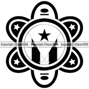 May include: Black and white illustration of a stylized star with a red and white triangle inside a circle. The circle is surrounded by five smaller circles, each containing a white star. The design is reminiscent of the flag of Puerto Rico.