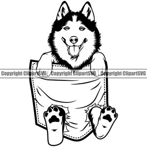 Siberische Husky hondenras Paw hangende Shirt Pocket Puppy Pup huisdier Art silhouet Design Logo SVG PNG Clipart Vector Cricut knippen snijden bestand