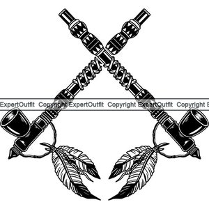 May include: Black and white illustration of two crossed peace pipes with decorative details. Each pipe features a bowl, stem, and a feather. The design is a symbol of peace and Native American culture.