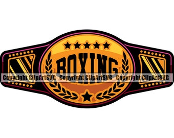 May include: A gold boxing championship belt with a black strap and a red inner lining. The belt has five stars and the word "BOXING" in black letters. The belt is decorated with laurel wreaths and a star.