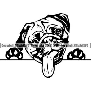 以下が含まれることがあります： 表面から顔を出して舌を出しているパグの白黒イラスト。犬は遊び心のある表情で、手足を表面に乗せている。