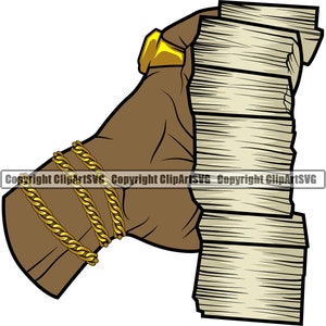 May include: A hand wearing a gold chain bracelet and a gold ring holds a stack of cash. The cash is stacked neatly and is a light brown color.
