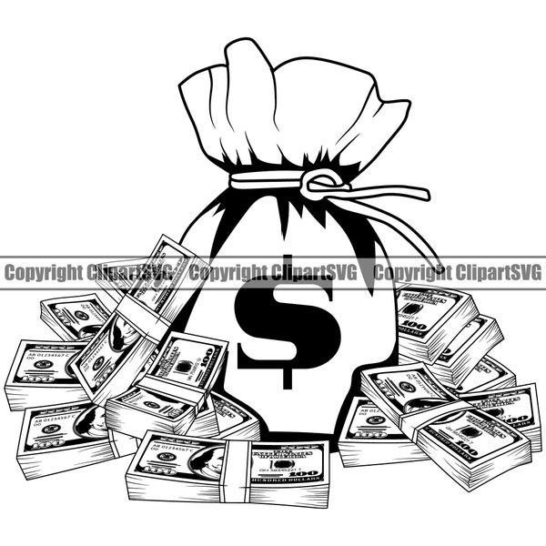 Banque coffre-fort argent sac 100 cent dollars billet noeud sac pile richesse Crime trésorerie pile riche profit Art Design Logo SVG PNG Clipart vecteur coupe